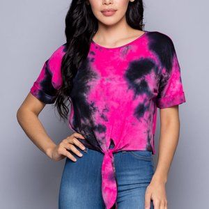 Pink Tie Dye Short Cuff Sleeve Top With Front Tie Cropped
